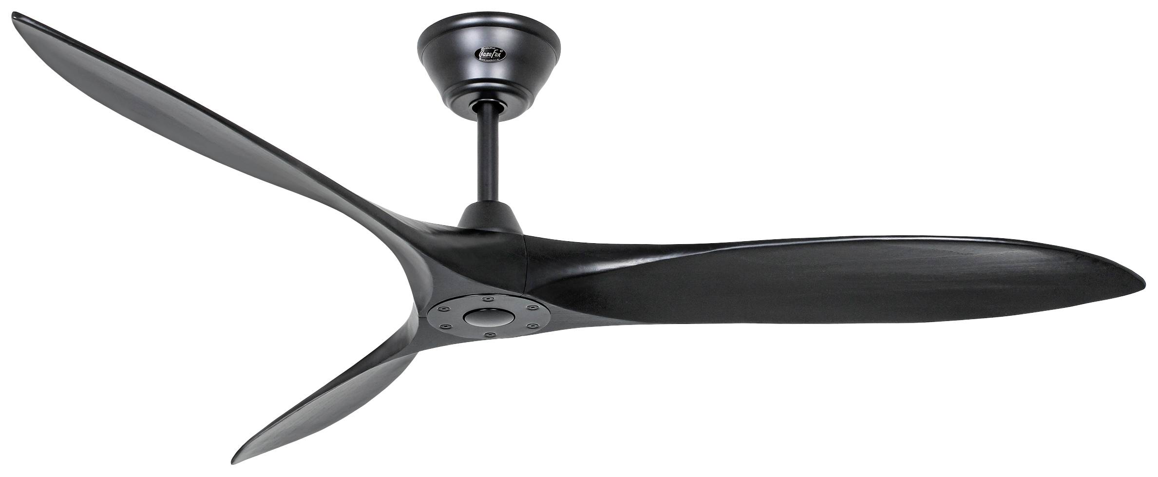 Ein moderner Deckenventilator mit drei schlanken, geschwungenen Flügeln, montiert an einer kurzen schwarzen Stange.