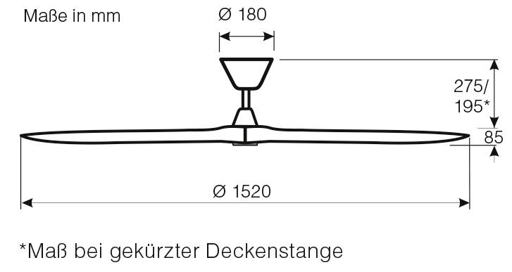 Zeichnung eines Ventilators mit Maßen: Ø 180 mm, Ø 1520 mm, Höhe 275 mm oder 195 mm bei gekürzter Deckenstange, Tiefe 85 mm.