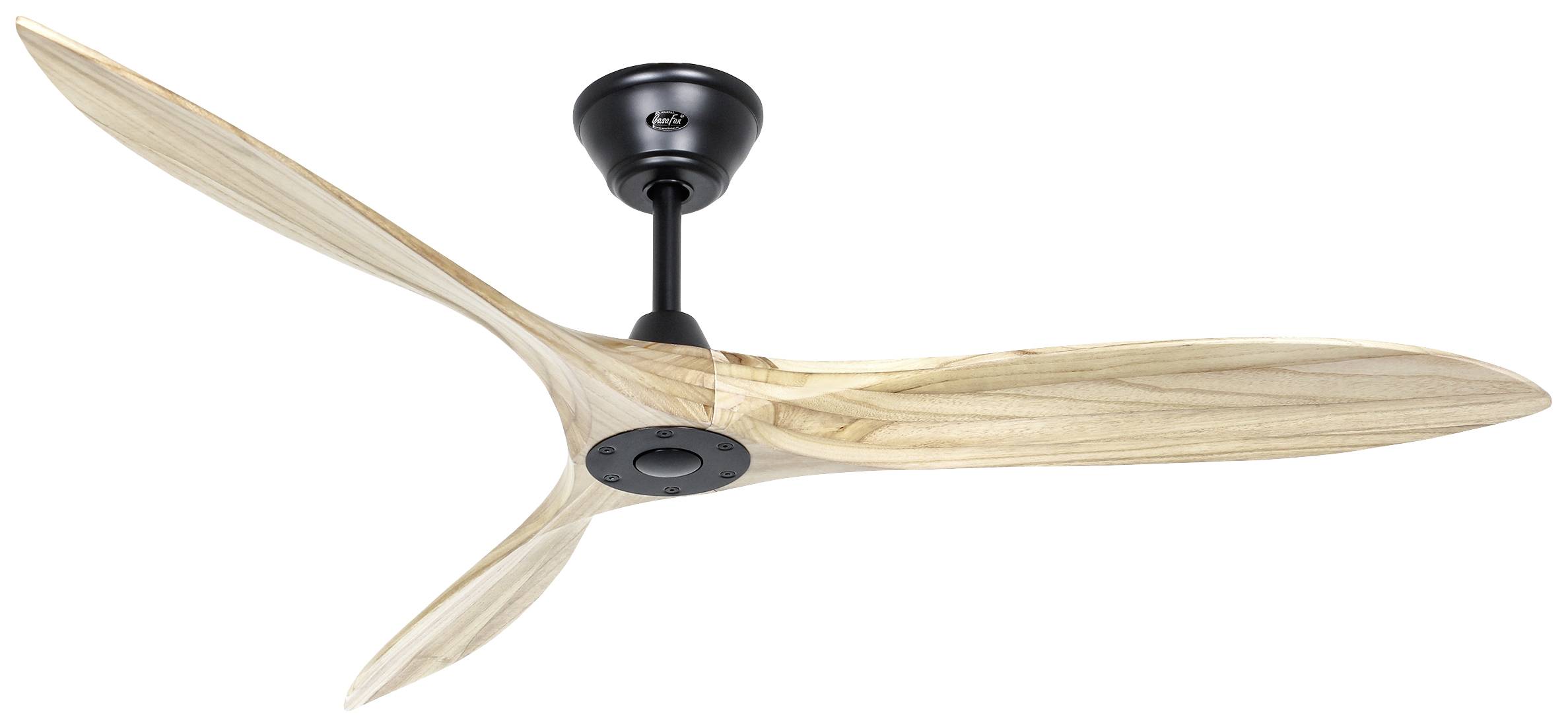 Deckenventilator mit drei holzfarbenen Flügeln und schwarzer Halterung, modernem Design, von der Seite aufgenommen.
