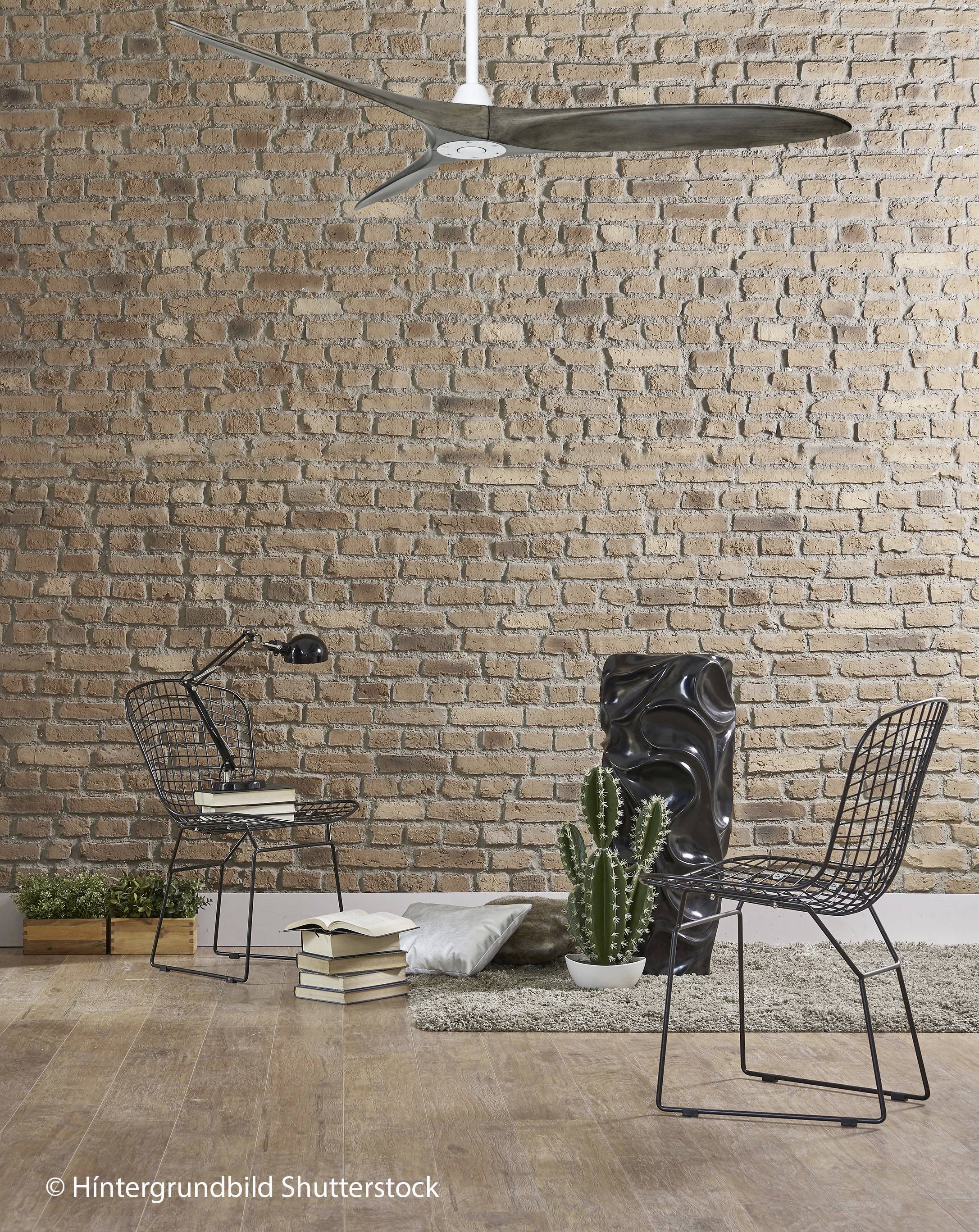 Zwei schwarze Gitterstühle vor einer Ziegelwand, ein kleiner Tisch mit Lampe, Bücherstapel, ein großer Kaktus, Ventilator an der Decke.