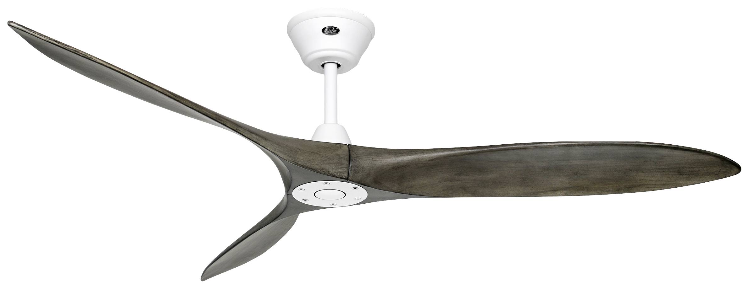 Deckenventilator mit drei Holzflügeln und weißer Halterung, montiert an der Decke.