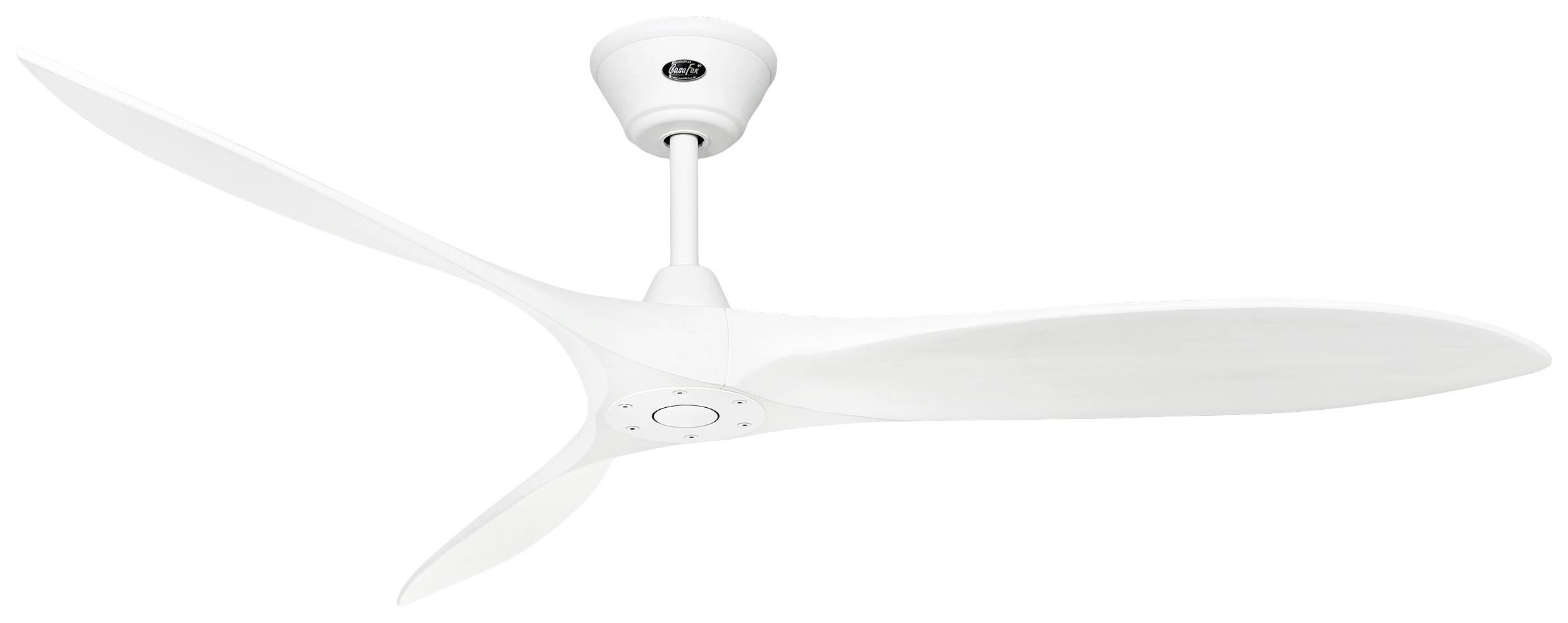 Ein weißer Deckenventilator mit drei geschwungenen Flügeln, montiert an der Decke, dargestellt auf neutralem Hintergrund.