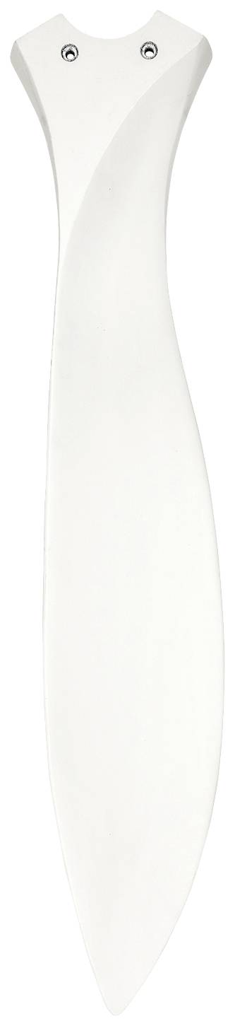 Ein weißes, langes und schmales Blatt eines Deckenventilators mit zwei Befestigungslöchern an der Oberseite.