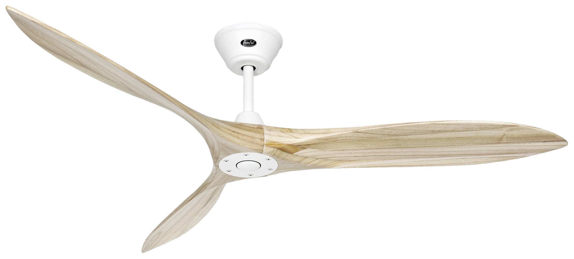 Deckenventilator aus hellem Holz mit drei geschwungenen Flügeln und weißer Basis. Ein elegantes Design für moderne Innenräume.