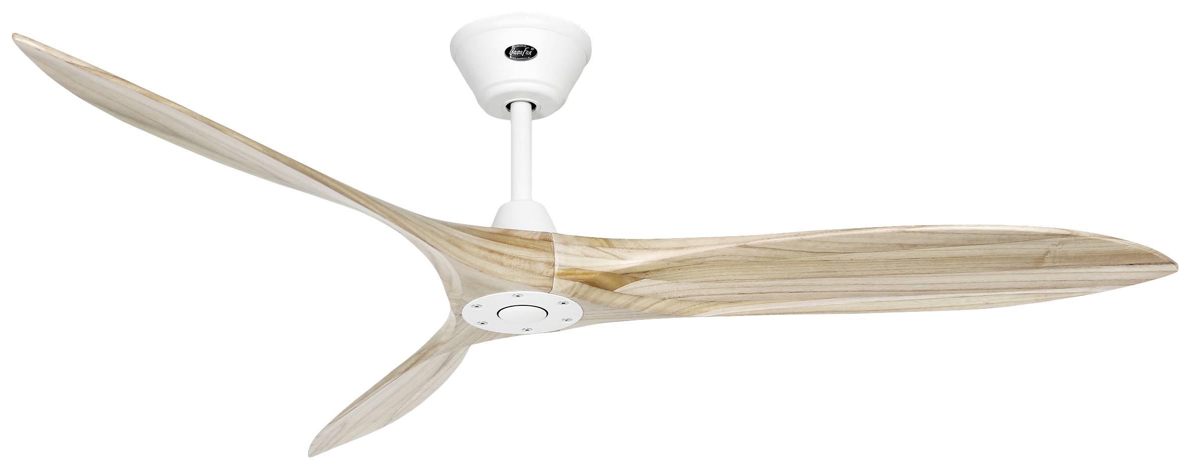 Deckenventilator mit drei holzfarbenen Flügeln und einem weißen Gehäuse.