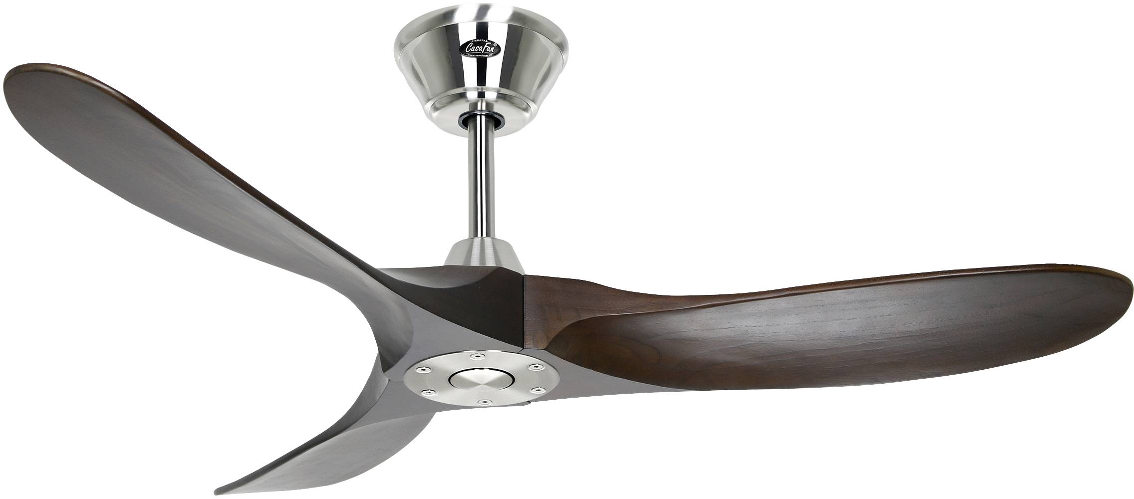 Ein moderner Deckenventilator mit drei dunkelbraunen Flügeln und einem silbernen Metallgehäuse. Geeignet für stilvolle Innenräume.