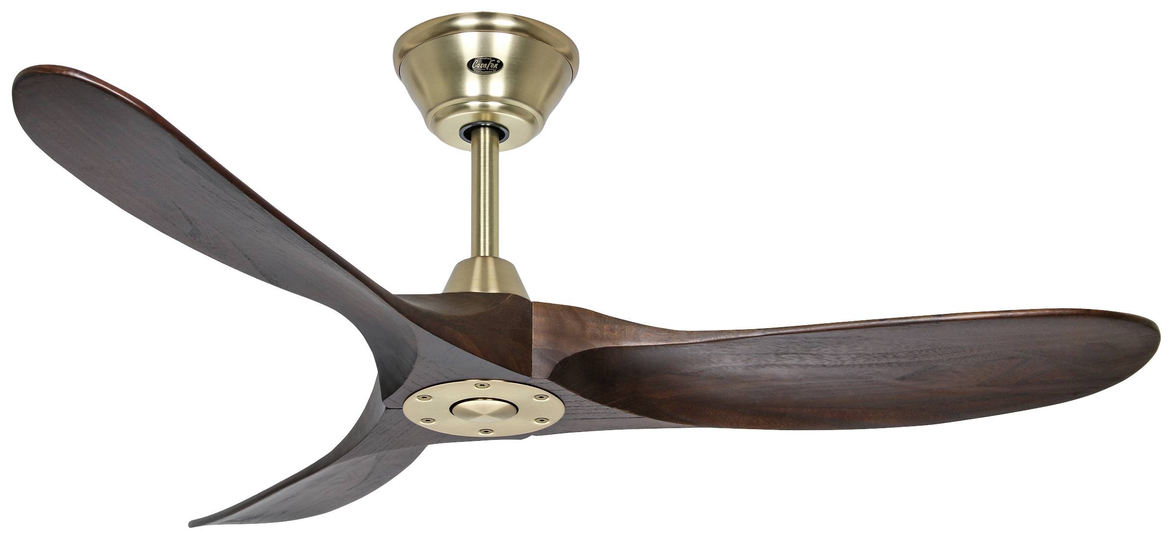 Ein Deckenventilator mit drei geschwungenen Holzflügeln und einem Messinggehäuse. Ideal für moderne Innenräume.
