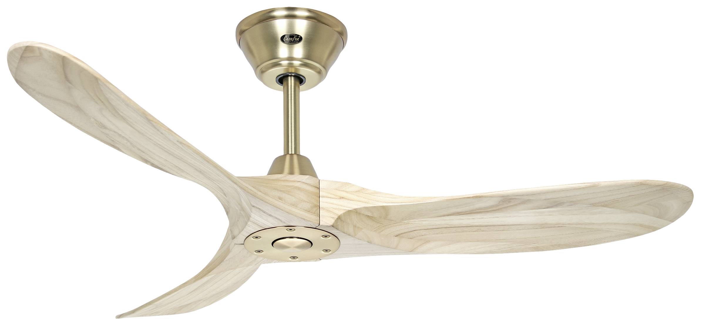 Deckenventilator mit modernen Holzflügeln und einem goldfarbenen Gehäuse, stilvoll für Innenräume gestaltet.