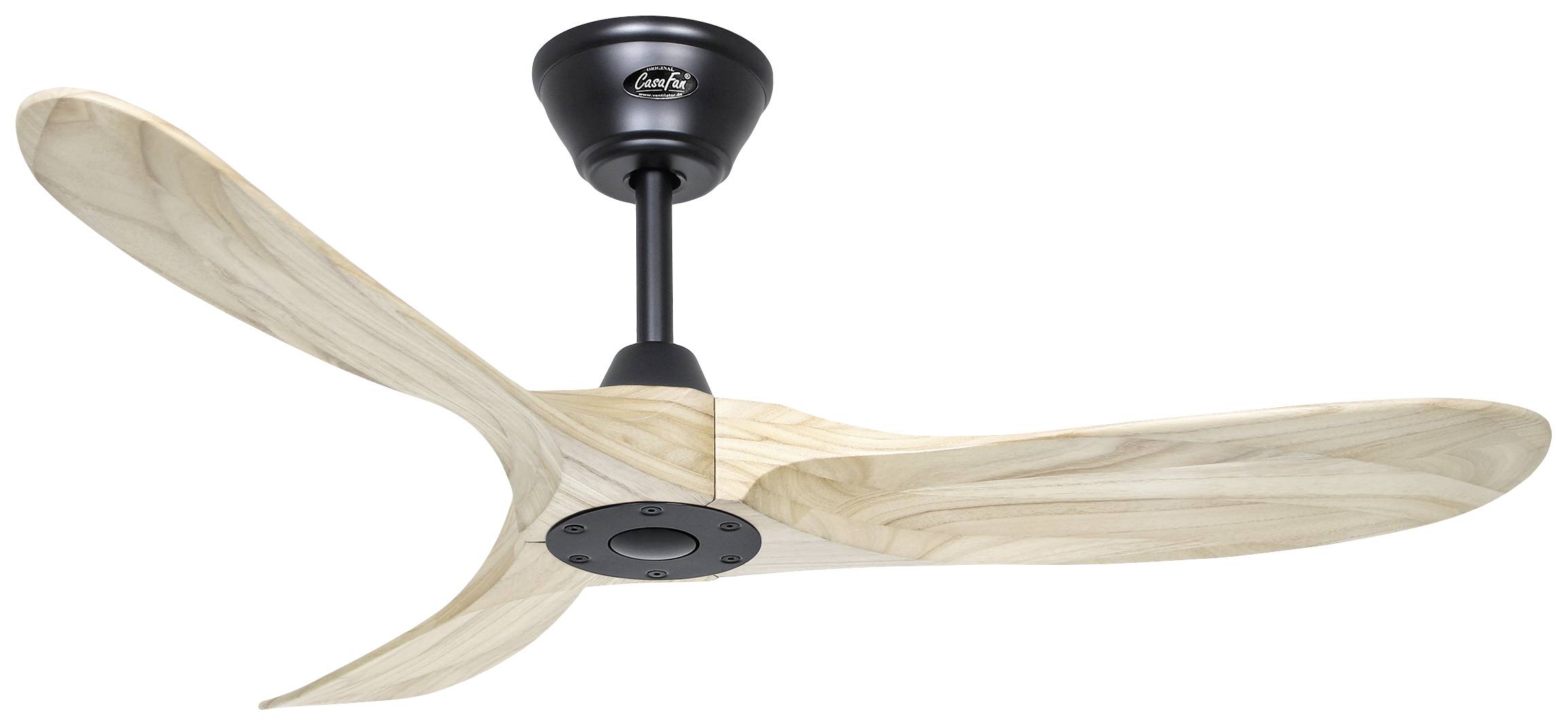 Deckenventilator mit drei großen, geschwungenen Holzflügeln, montiert an einer schwarzen Halterung. Modernes Design für Wohnräume.