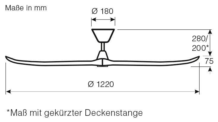 Deckenventilator mit Durchmesser 1220 mm und Höhe 280 mm (oder 200 mm gekürzt). Maße sind alle in Millimetern angegeben.