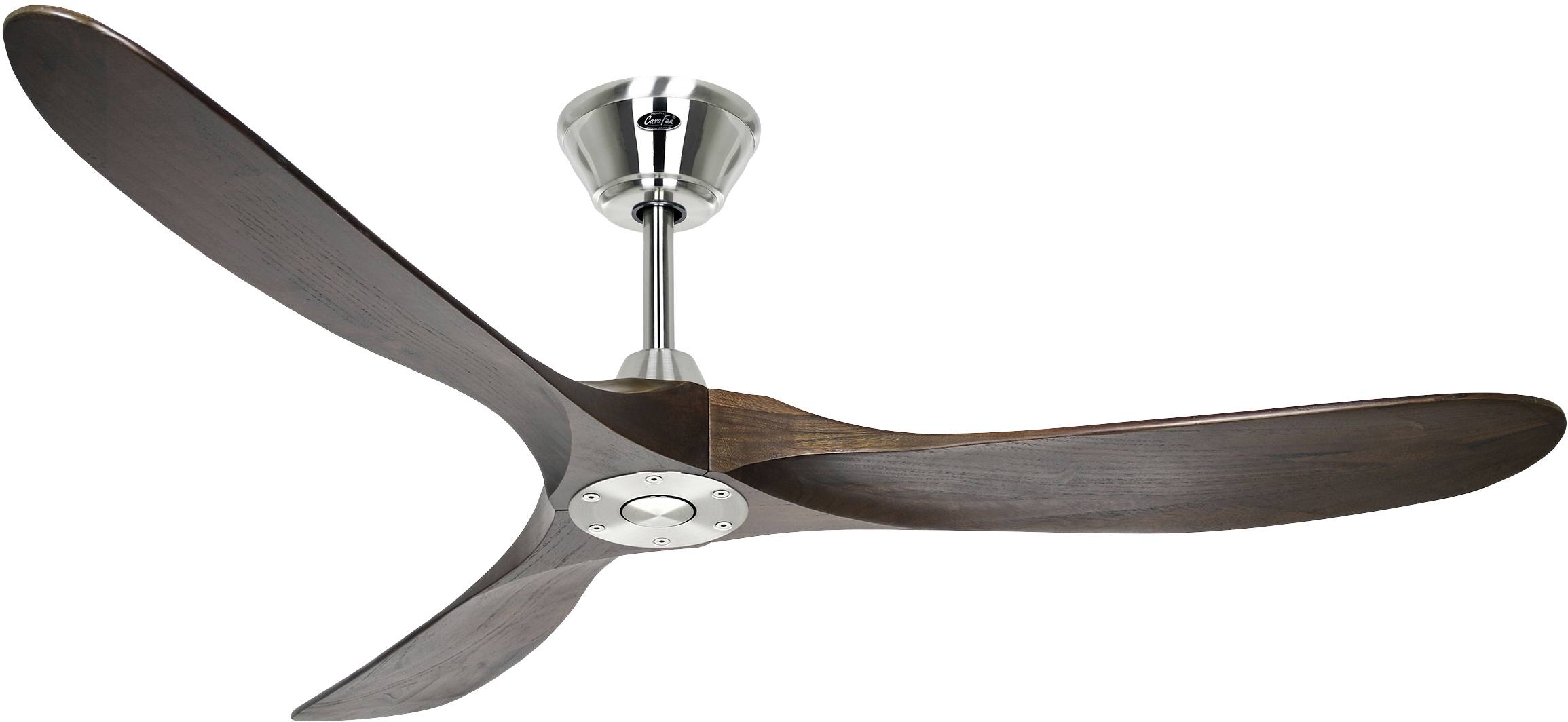 Deckenventilator mit drei Holzflügeln und metallischem Gehäuse, montiert an einer silbernen Halterung.