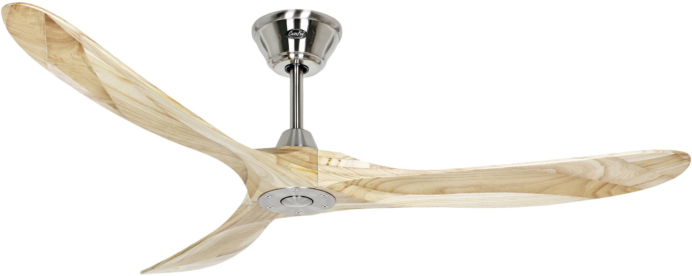 Deckenventilator aus Holz mit drei geschwungenen Flügeln und metallischer Aufhängung, modern gestaltet.