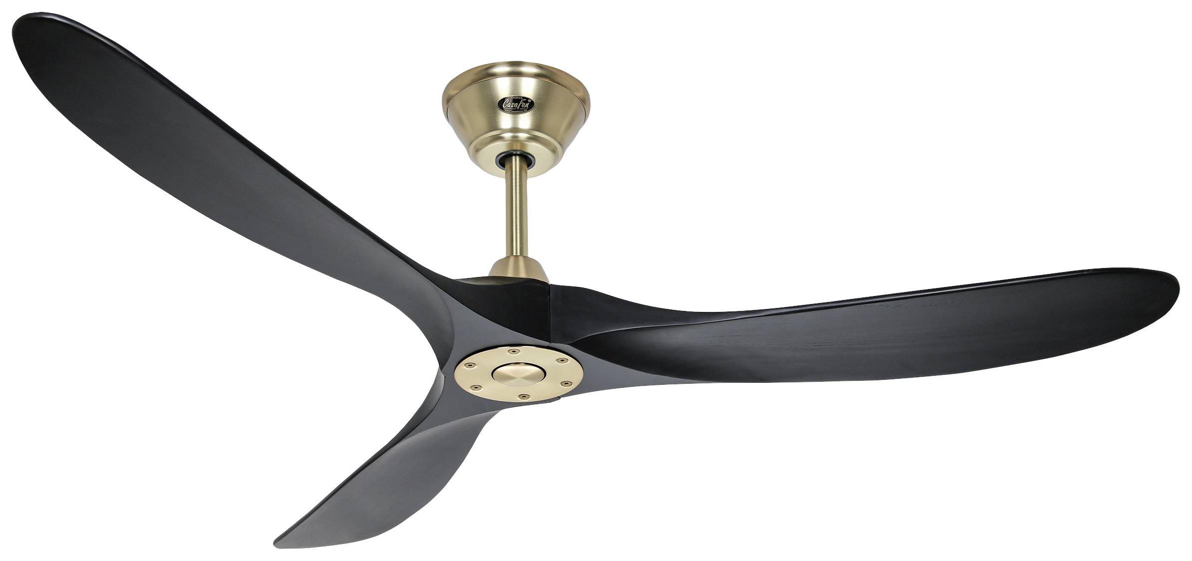 Moderner Deckenventilator mit drei schwarzen Flügeln und einem goldfarbenen Anschluss, montiert an einer Decke.