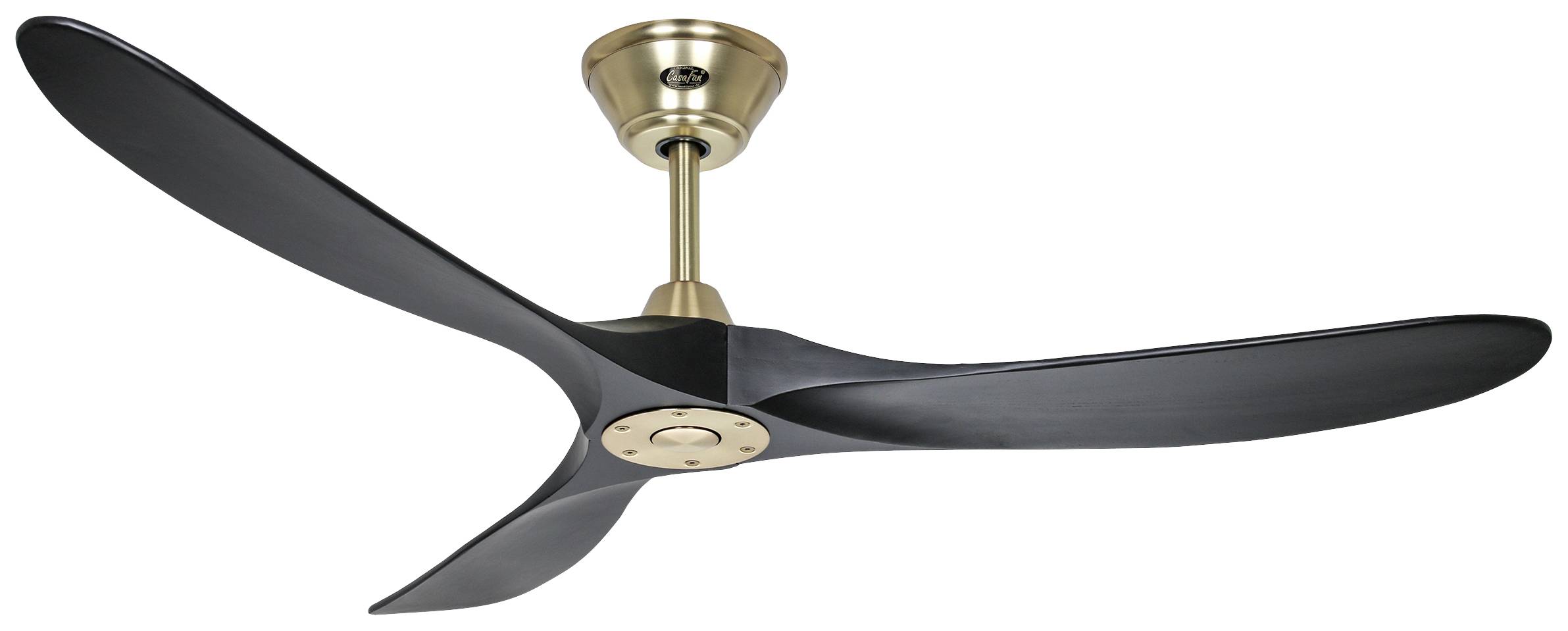 Schwarzer Deckenventilator mit drei Flügeln und messingfarbenem Halter, an der Decke montiert.