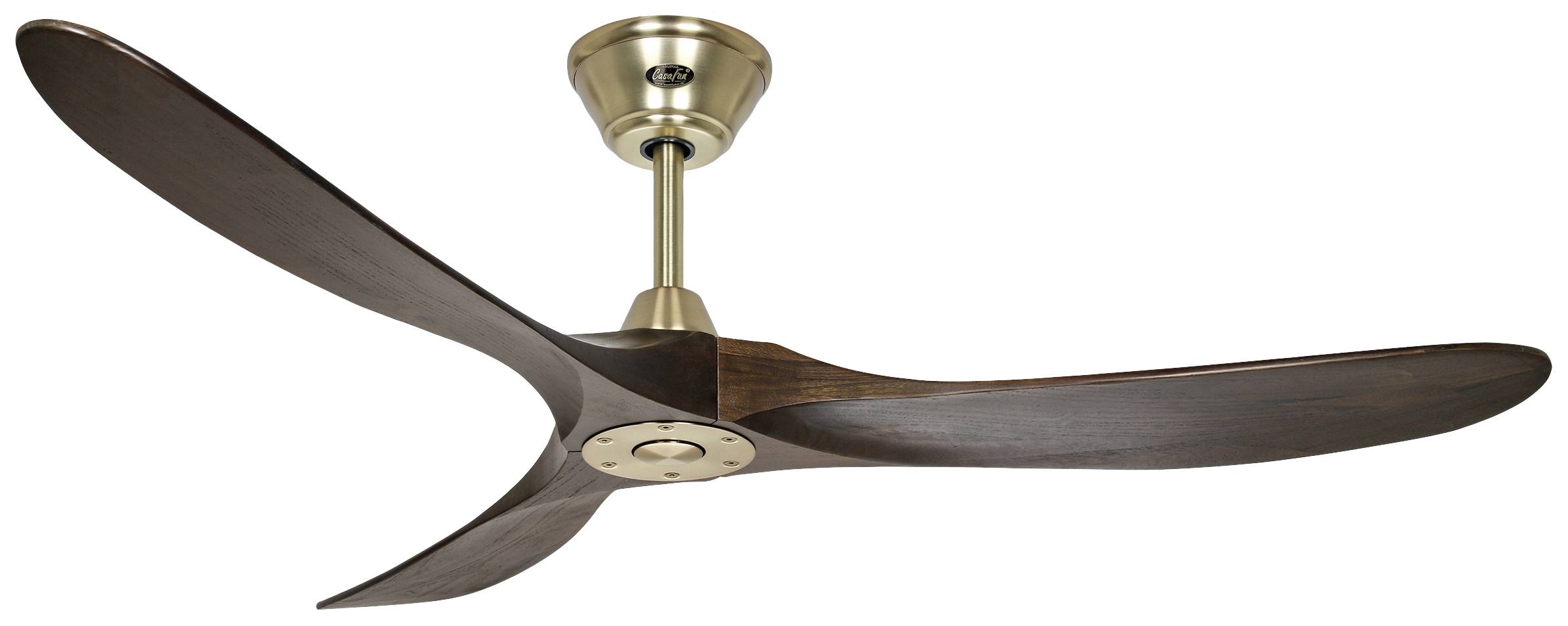 Dreiflügeliger Deckenventilator aus dunklem Holz mit messingfarbenem Gehäuse, montiert an einer Metallstange.