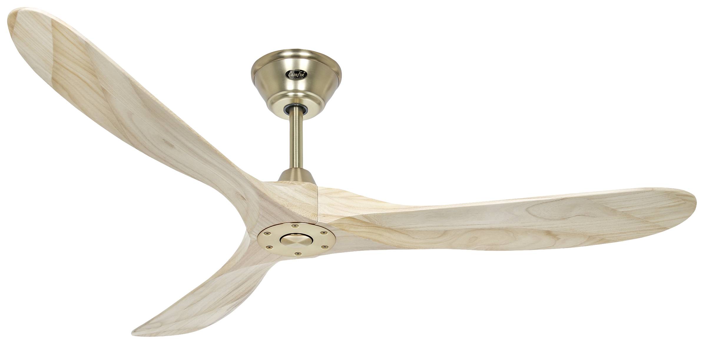 Ein Deckenventilator mit drei Holzflügeln und einer Metallhalterung. Ideal für moderne Räume mit natürlichem Dekor.
