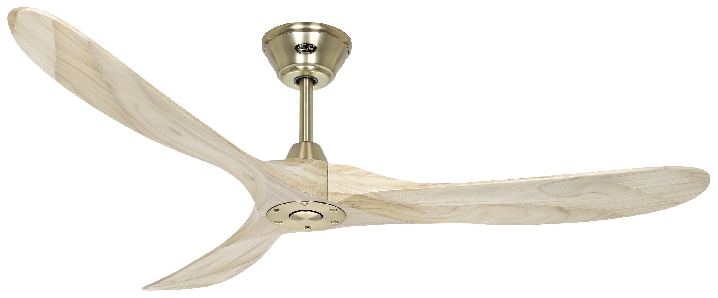 Ein Deckenventilator mit drei Holzflügeln und einer goldfarbenen Metallhalterung.