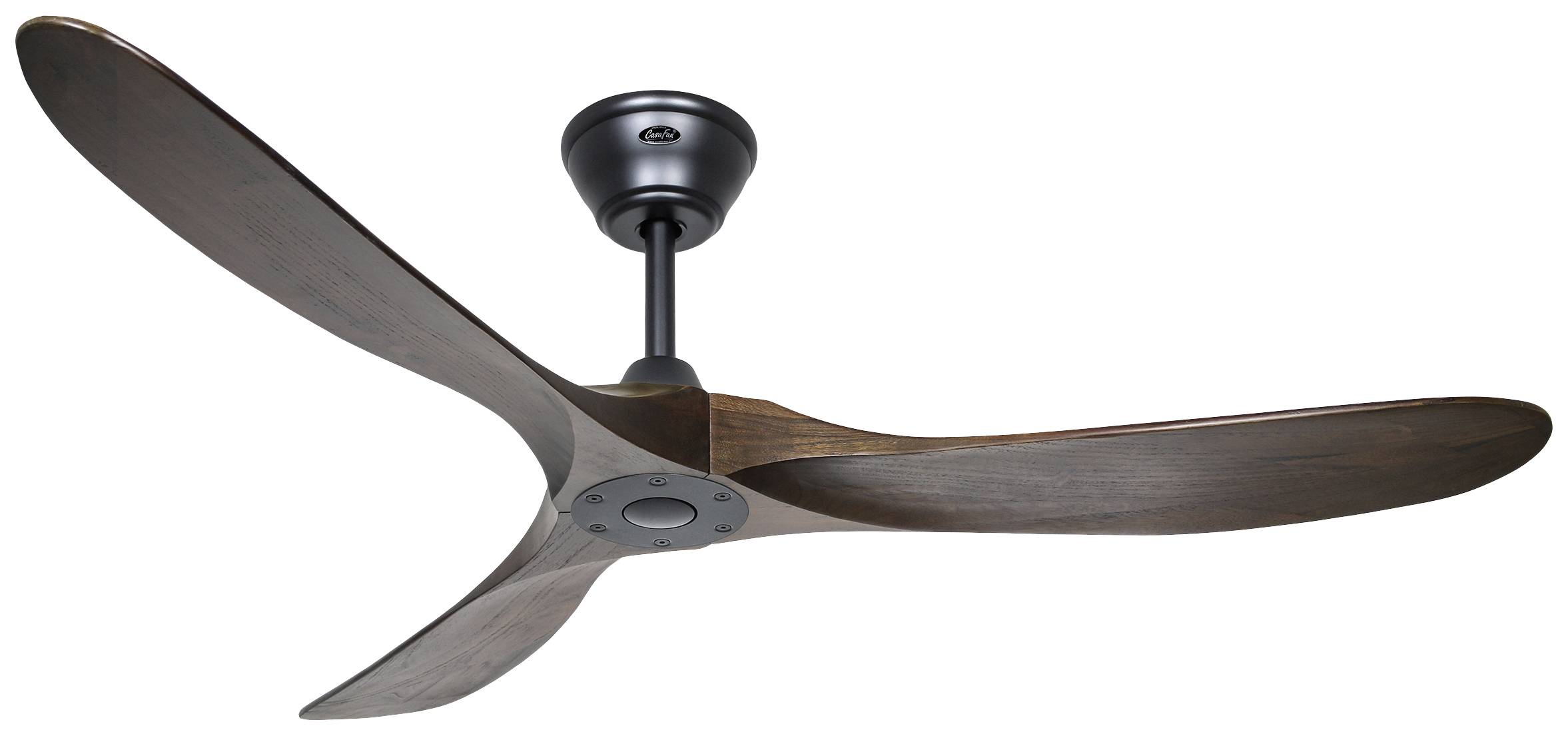 Deckenventilator mit drei geschwungenen Holzflügeln und dunkelgrauer Befestigung. Geeignet für moderne Innenräume.