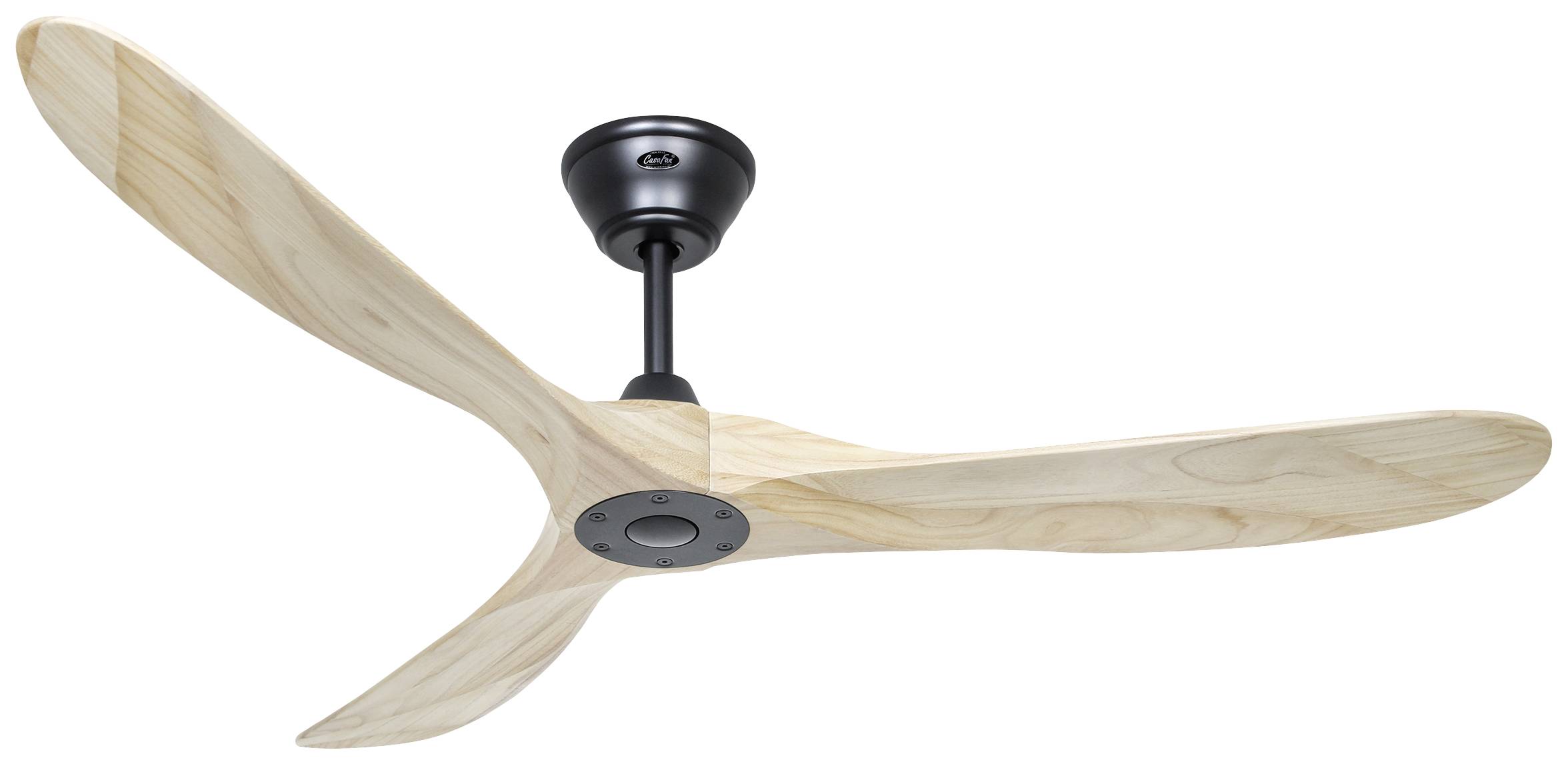 Deckenventilator mit drei hellen Holzflügeln, montiert an einer dunklen Halterung.