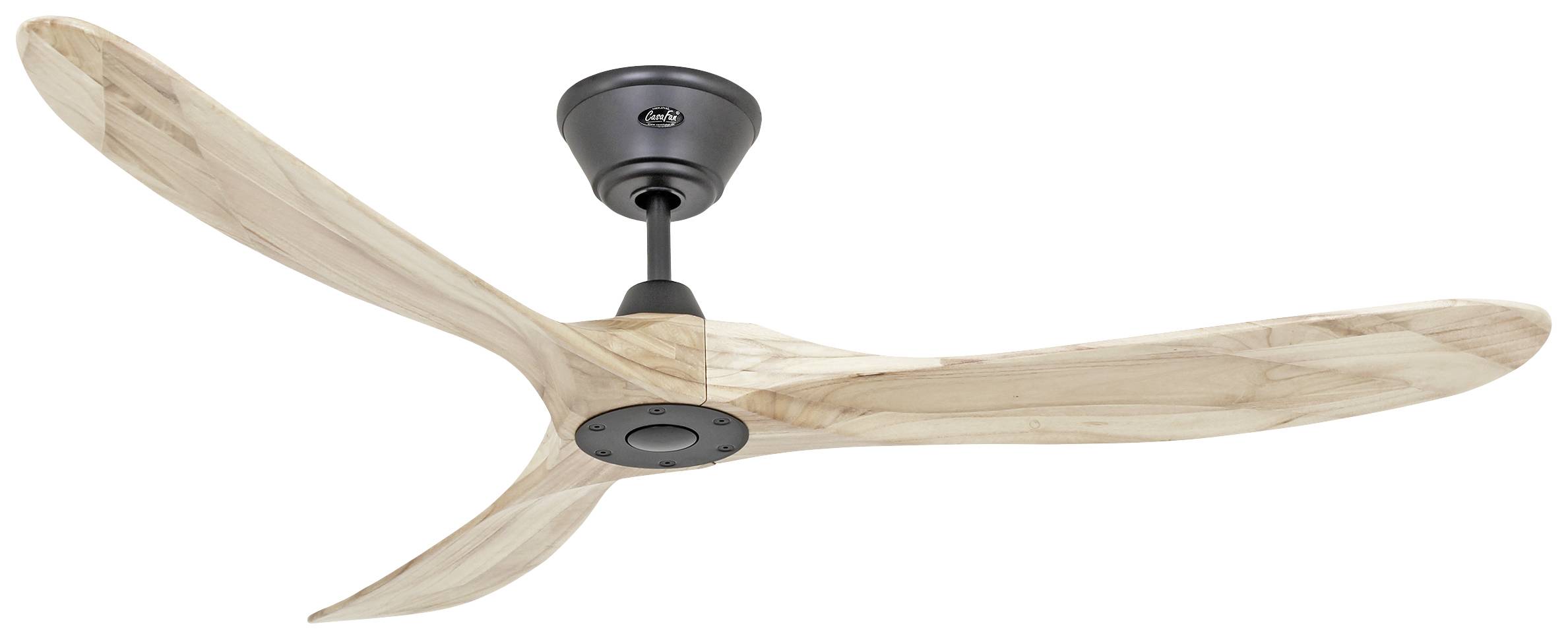 Holz-Deckenventilator mit drei geschwungenen Flügeln und schwarzem Mittelteil, an der Decke montiert.