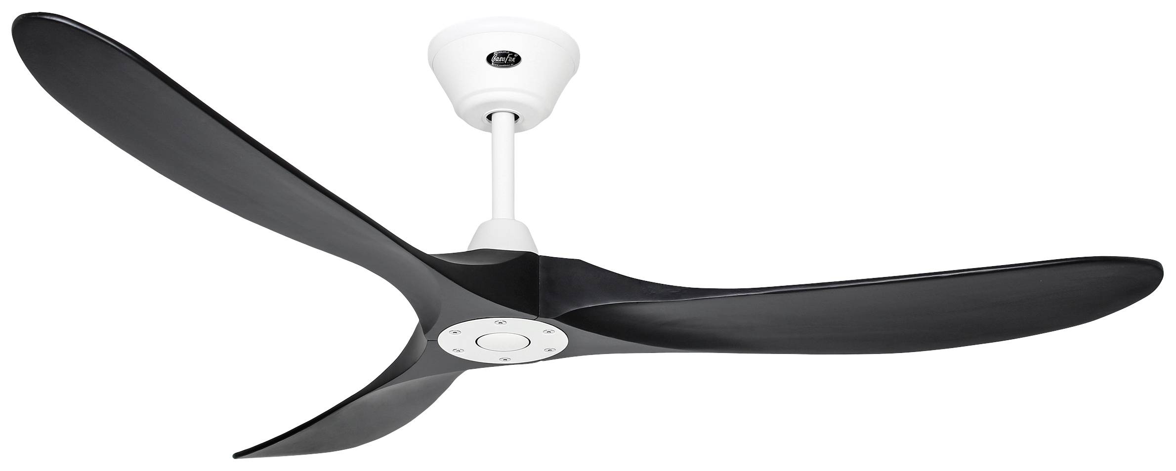 Schwarzer Deckenventilator mit drei Flügeln und weißer Halterung, montiert an einer weißen Decke. Moderne, schlanke Gestaltung.