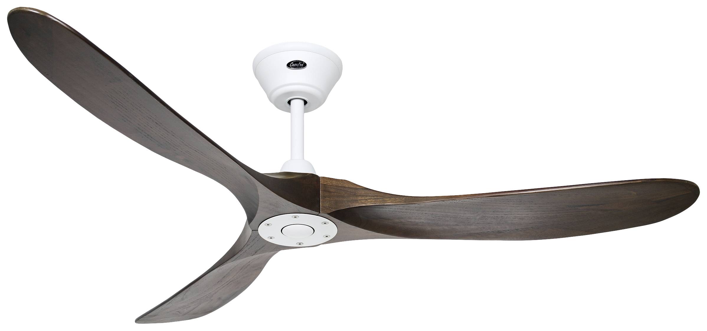 Deckenventilator mit drei dunkelbraunen Holzflügeln und weißem Gehäuse.