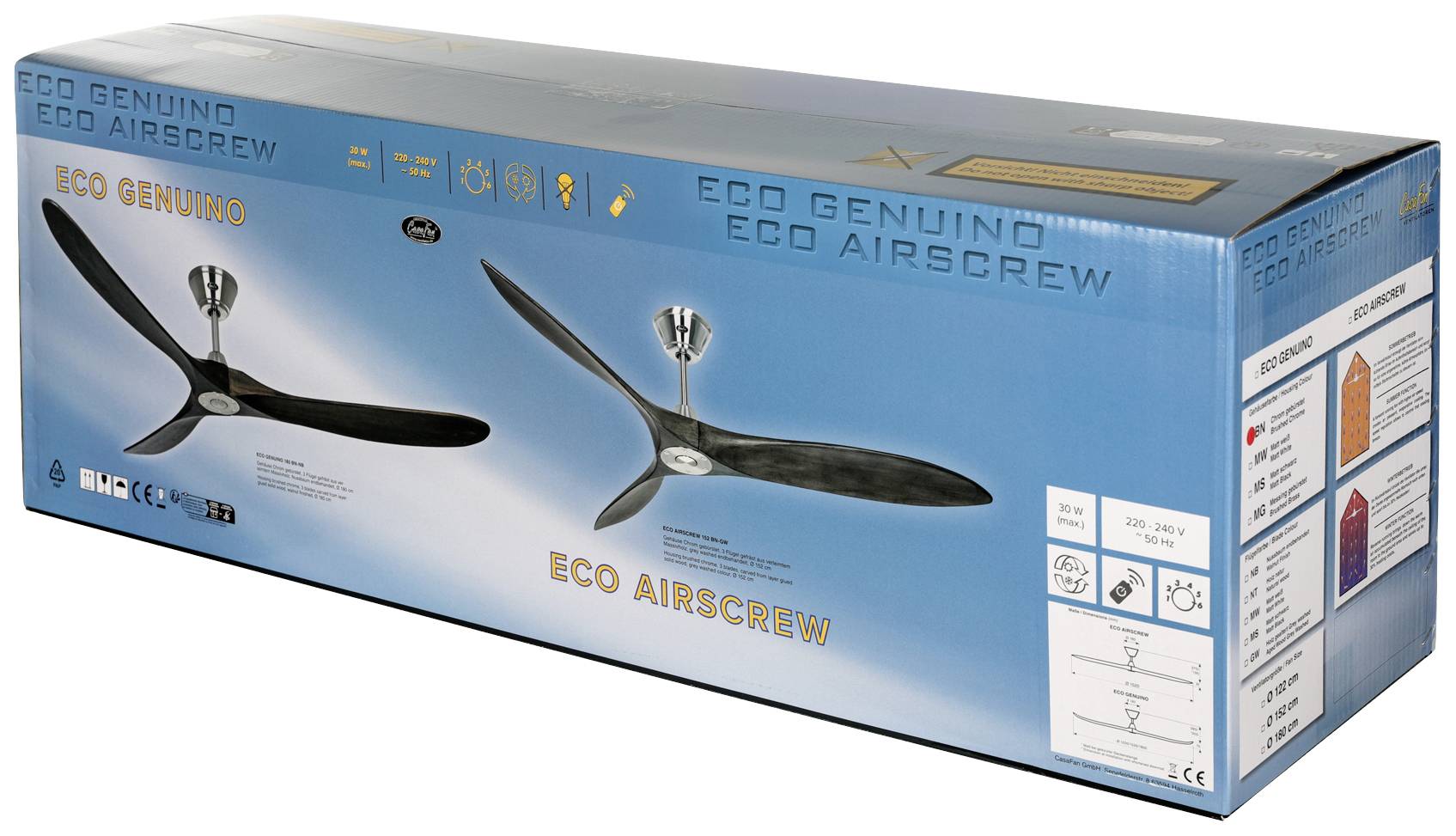Deckenventilator-Verpackung mit Holzklingen. Marke 'Eco Genuino'. Technische Details: energieeffizient, leiser Betrieb, mit Fernbedienung.
