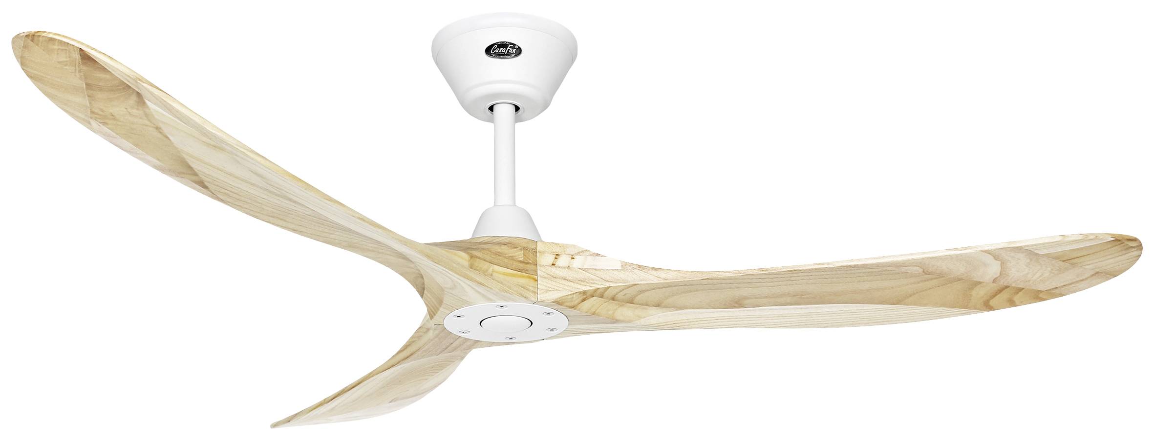 Deckenventilator aus Holz mit drei geschwungenen Flügeln und weißem Gehäuse, geeignet für moderne Wohnräume.