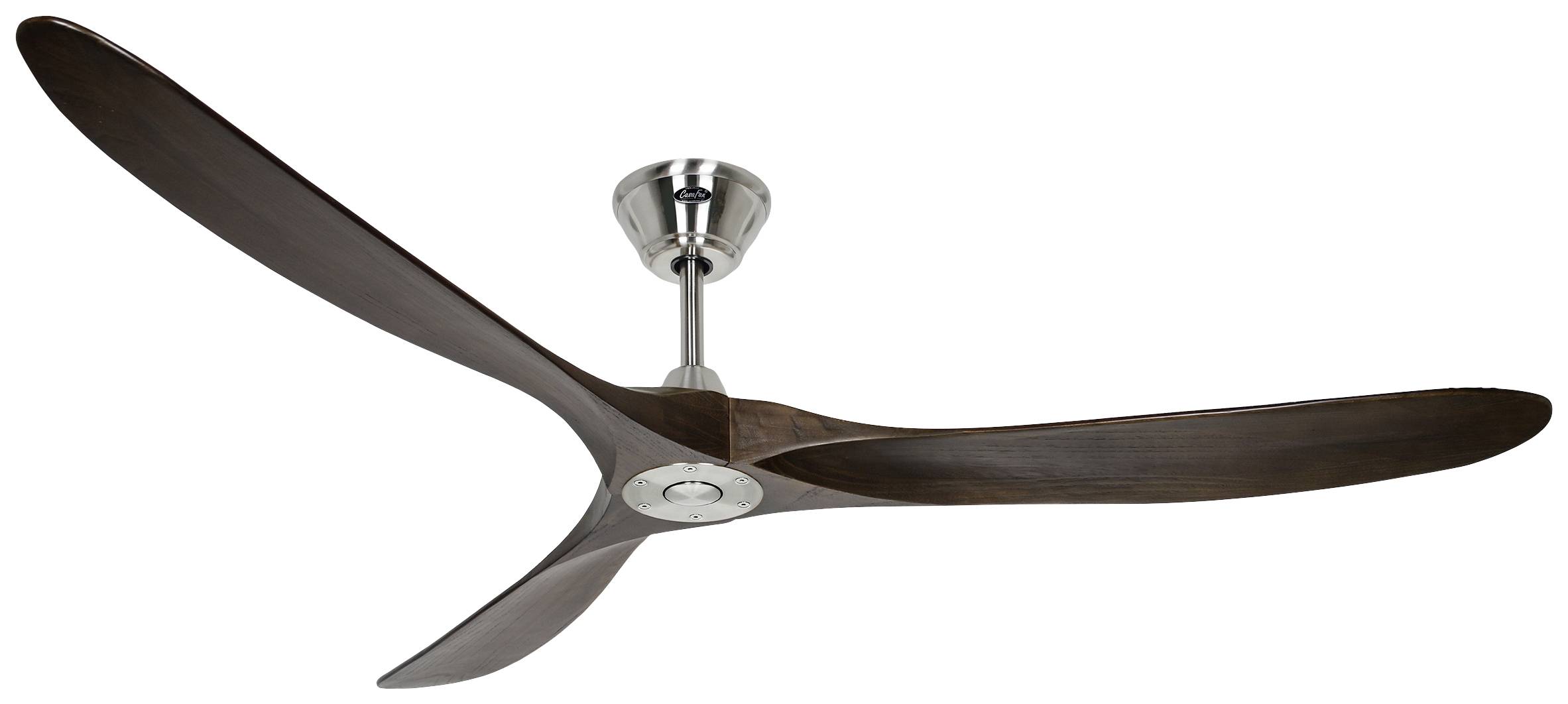 Ein Deckenventilator mit drei dunkelbraunen Flügeln und einem silbernen Gehäuse. Ventilator im modernen Design, an der Decke montiert.