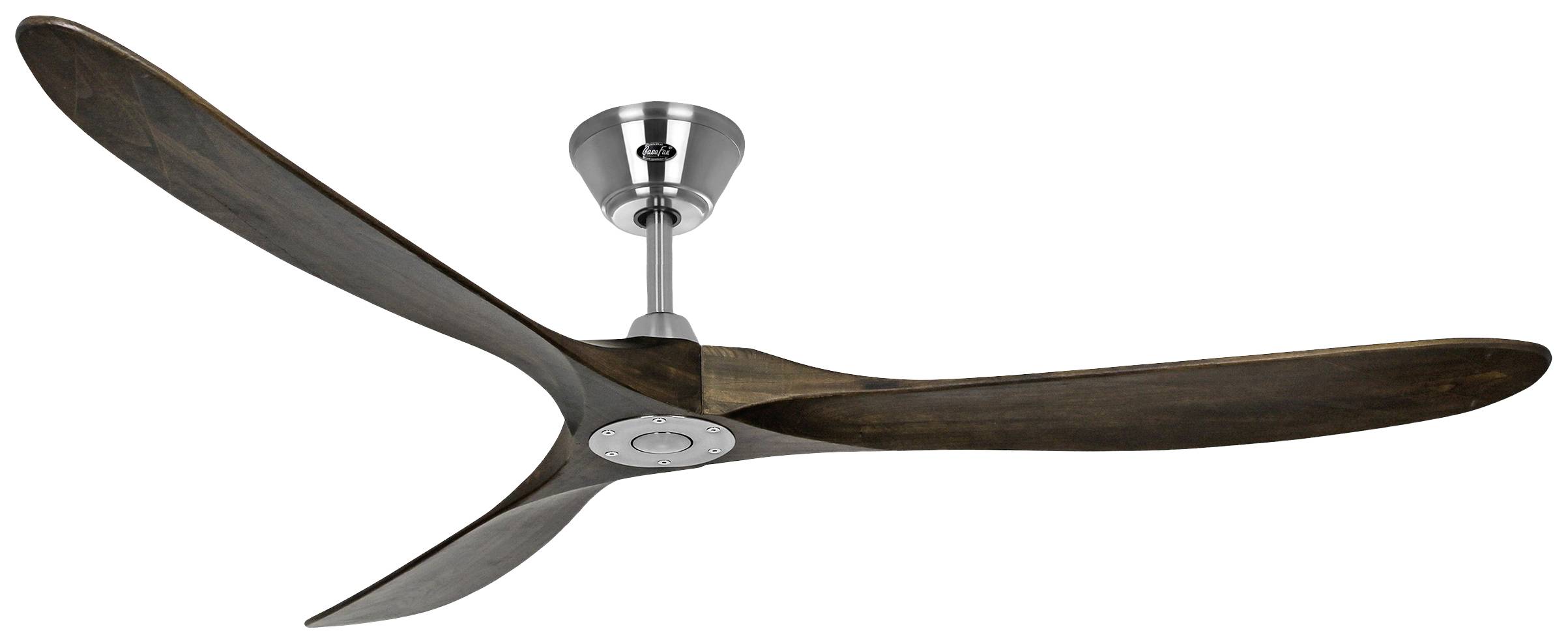 Dreiflügeliger Deckenventilator aus dunklem Holz mit metallischem Deckenanschluss, geeignet für moderne Innenräume.