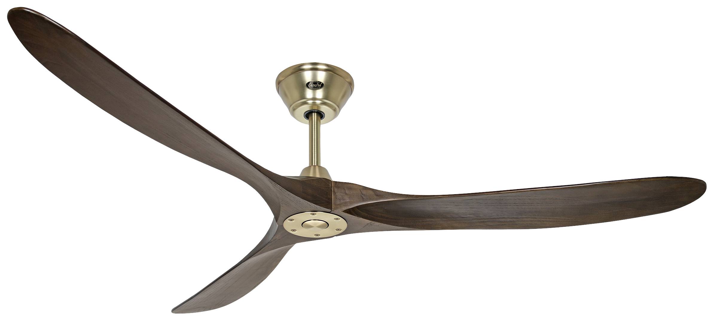 Deckenventilator mit drei dunklen Holzflügeln und einem goldfarbenen Metallgehäuse, ideal zur Raumkühlung und stilvollen Dekoration.