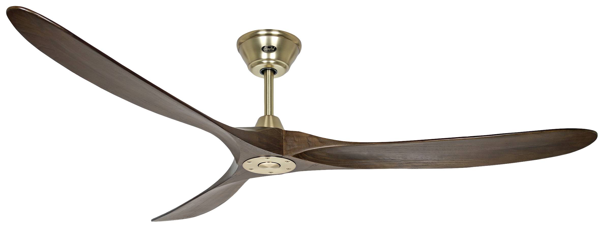 Deckenventilator mit drei dunklen Holzklingen und einer messingfarbenen Halterung, modernem Design.