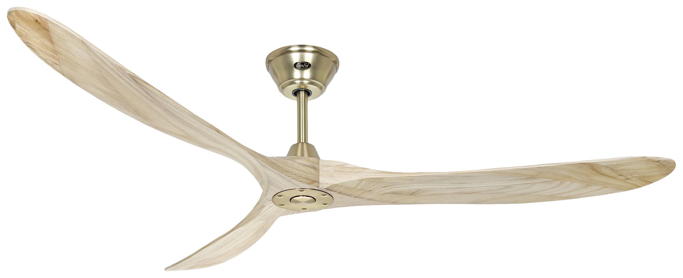 Deckenventilator mit drei Holzflügeln und einem goldfarbenen Metallgehäuse, montiert an einer Messingstange.