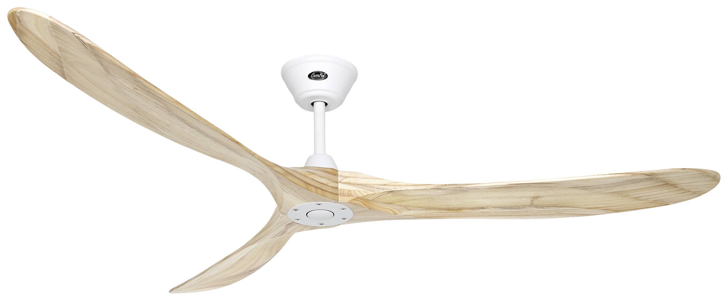 Ein Deckenventilator mit drei Holzflügeln und weißem Gehäuse, an der Decke montiert.