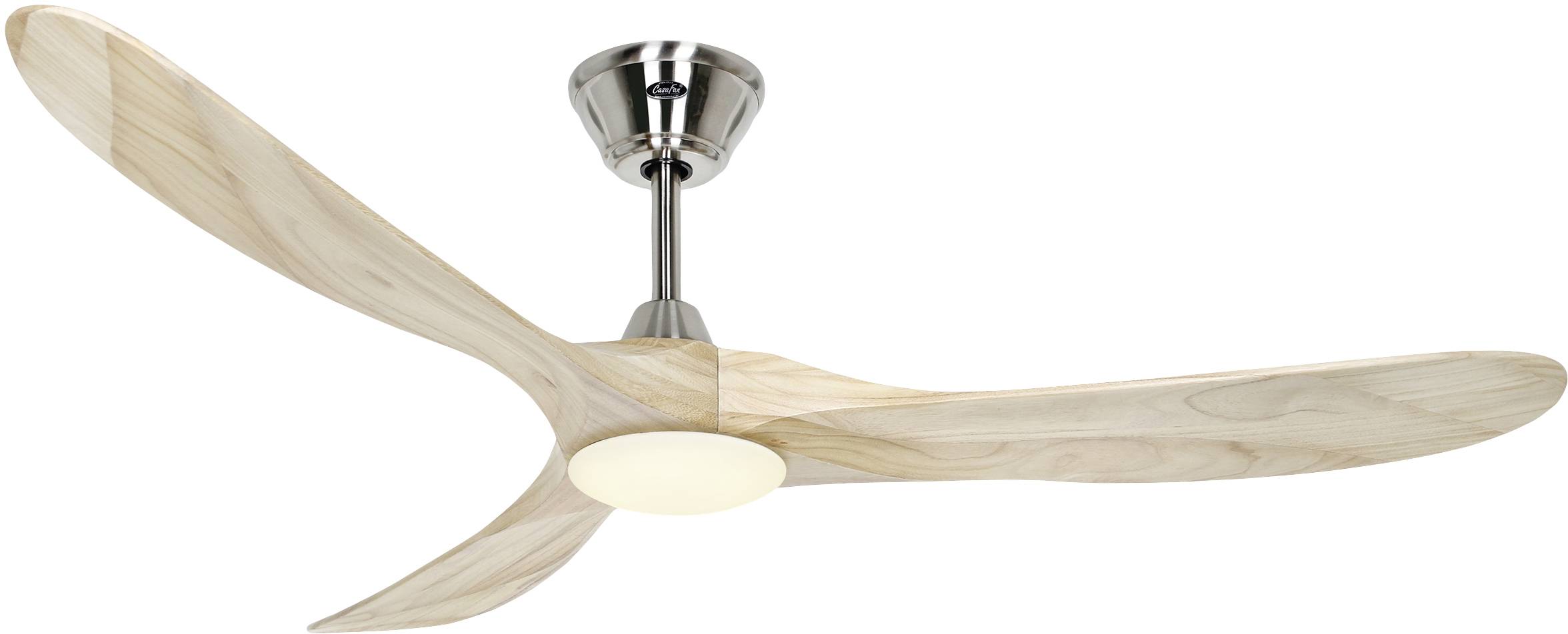 Deckenventilator mit zwei Holzflügeln und integriertem Licht, befestigt an einer silbernen Halterung.