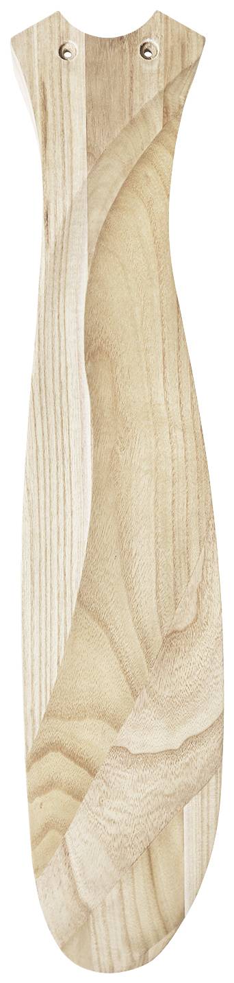 Holz-Blatt mit geschwungener Form, glatter Oberfläche und natürlichen Maserungen. Dezente Metallnieten oben.