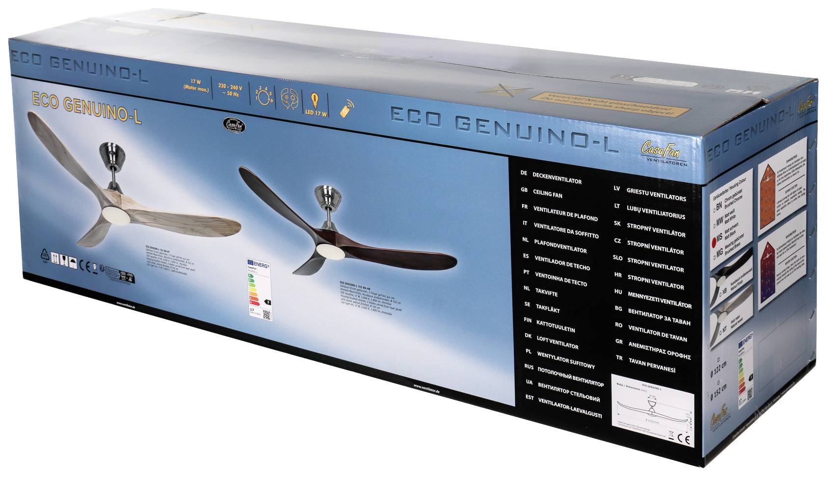 Verpackung eines Deckenventilators mit Energiesparlabel und Produktinformationen. Großes Bild des Ventilators auf der Vorderseite.