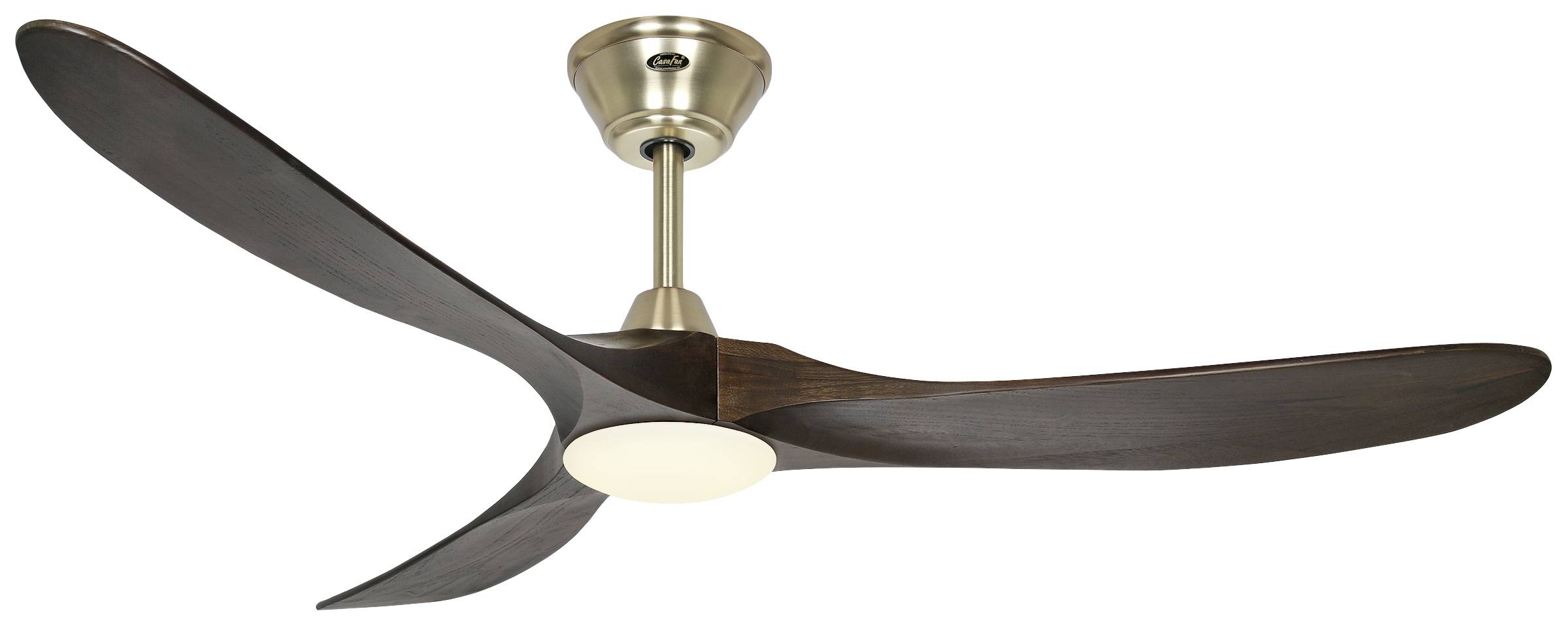 Deckenventilator mit drei dunklen Holzflügeln und integriertem Licht, an einer metallischen Halterung befestigt.