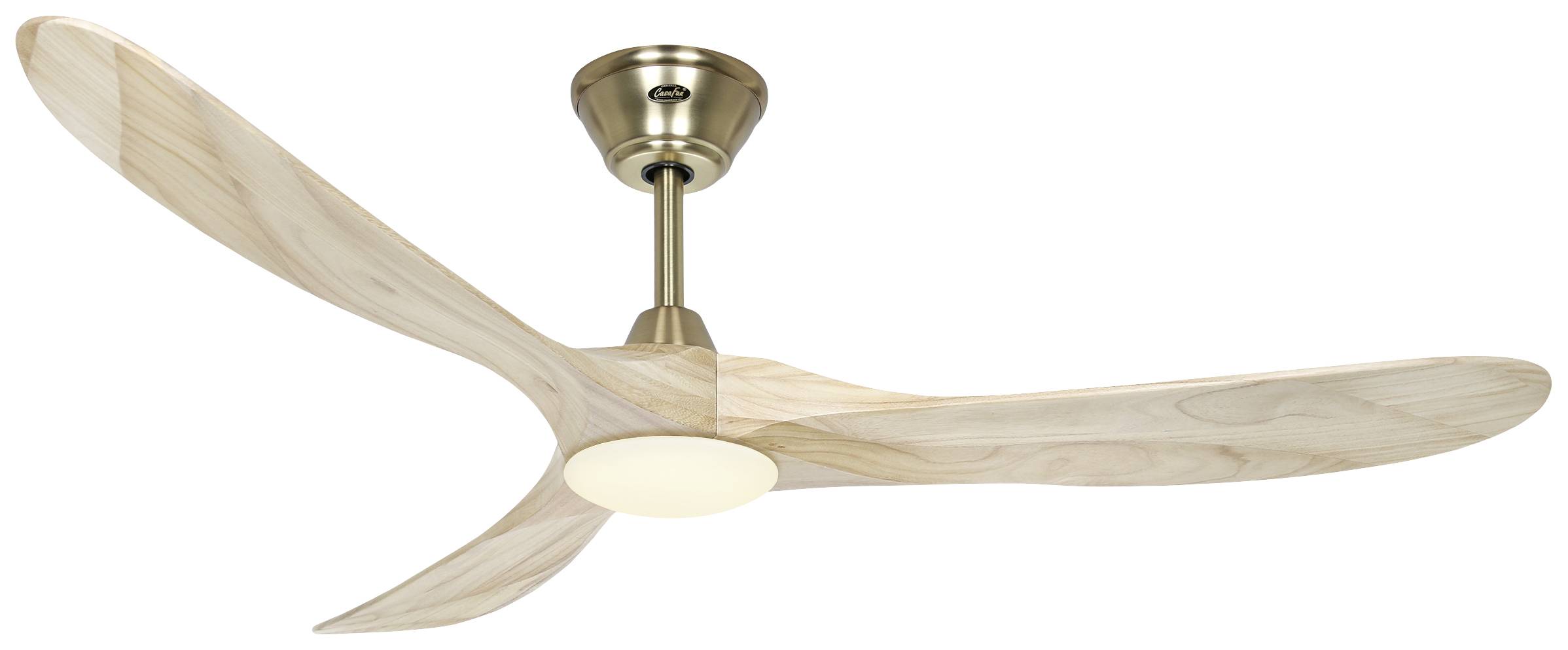 Holzdeckenventilator mit drei Flügeln und integriertem Licht, montiert an einer metallischen Deckenhalterung.