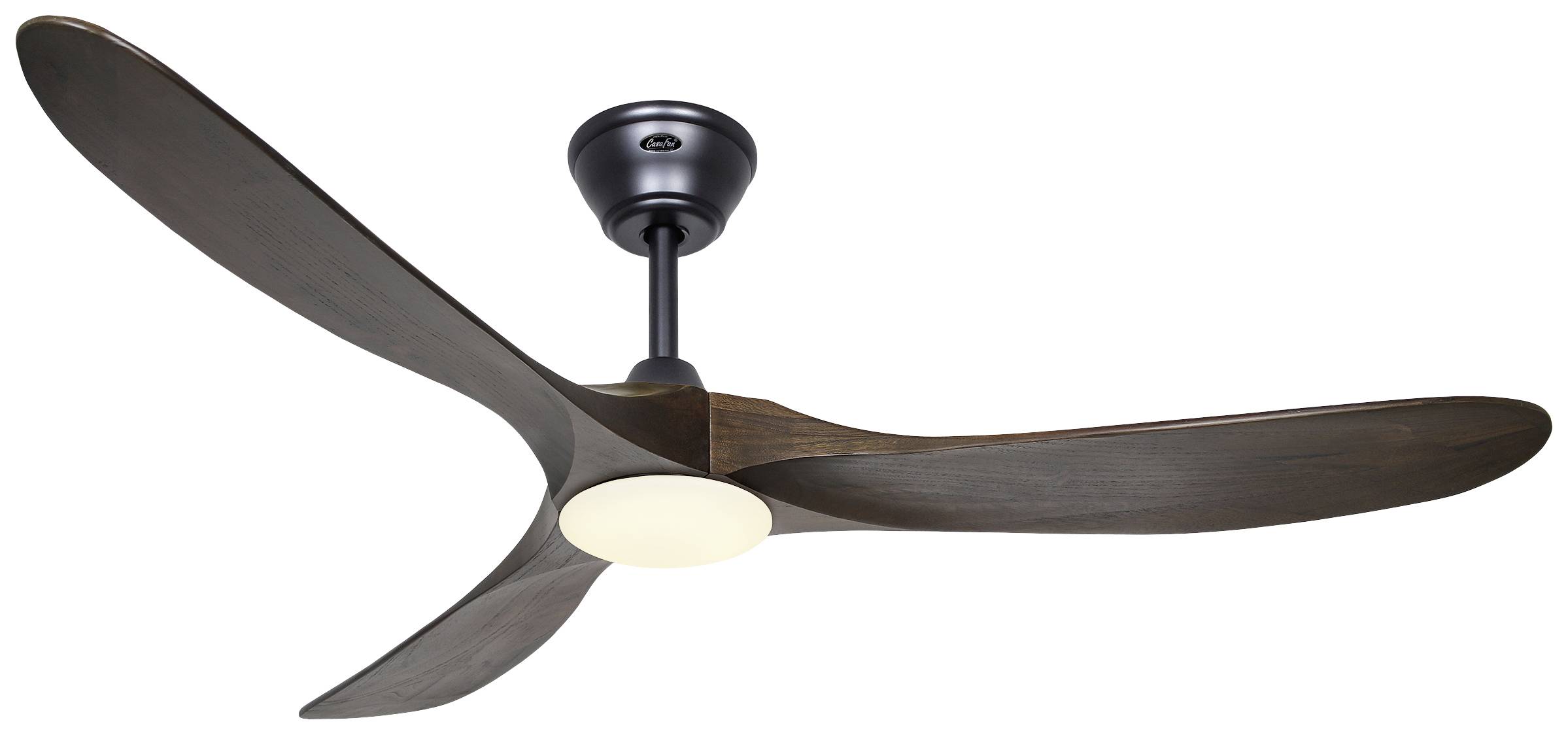 Deckenventilator mit drei dunklen Holzflügeln und zentraler Leuchte.