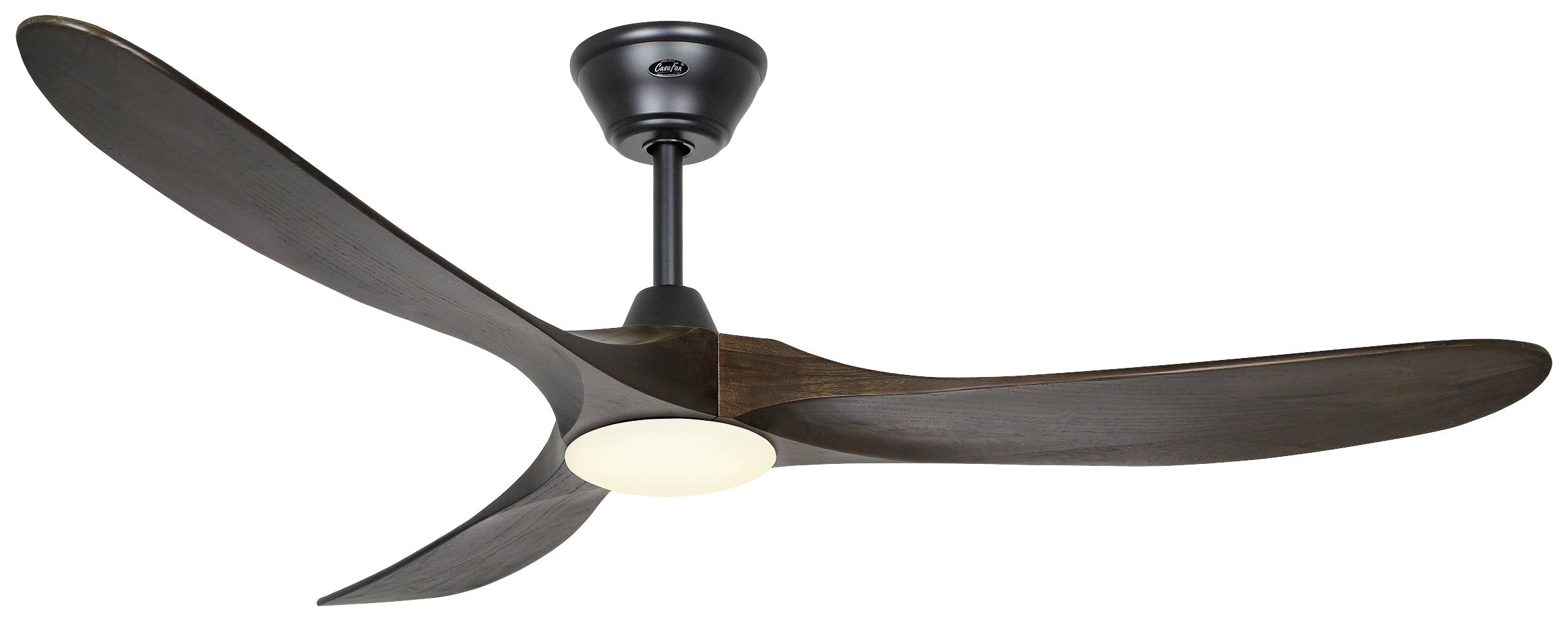 Deckenventilator mit drei dunklen Holzflügeln und integriertem LED-Licht, montiert an einer schwarzen Halterung.