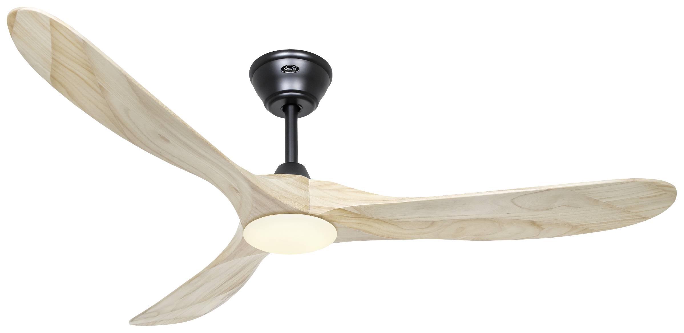 Deckenventilator mit drei geschwungenen Holzflügeln und einer zentralen Lampe, an schwarzer Halterung montiert.