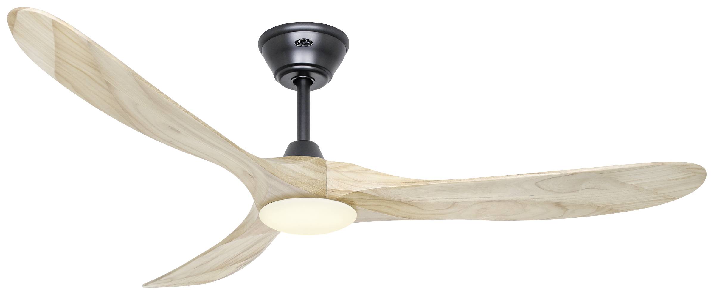 Ein moderner Deckenventilator mit drei großen, hellen Holzblättern und schwarzer Montierung. Eignet sich für stilvolle Raumlüftung.