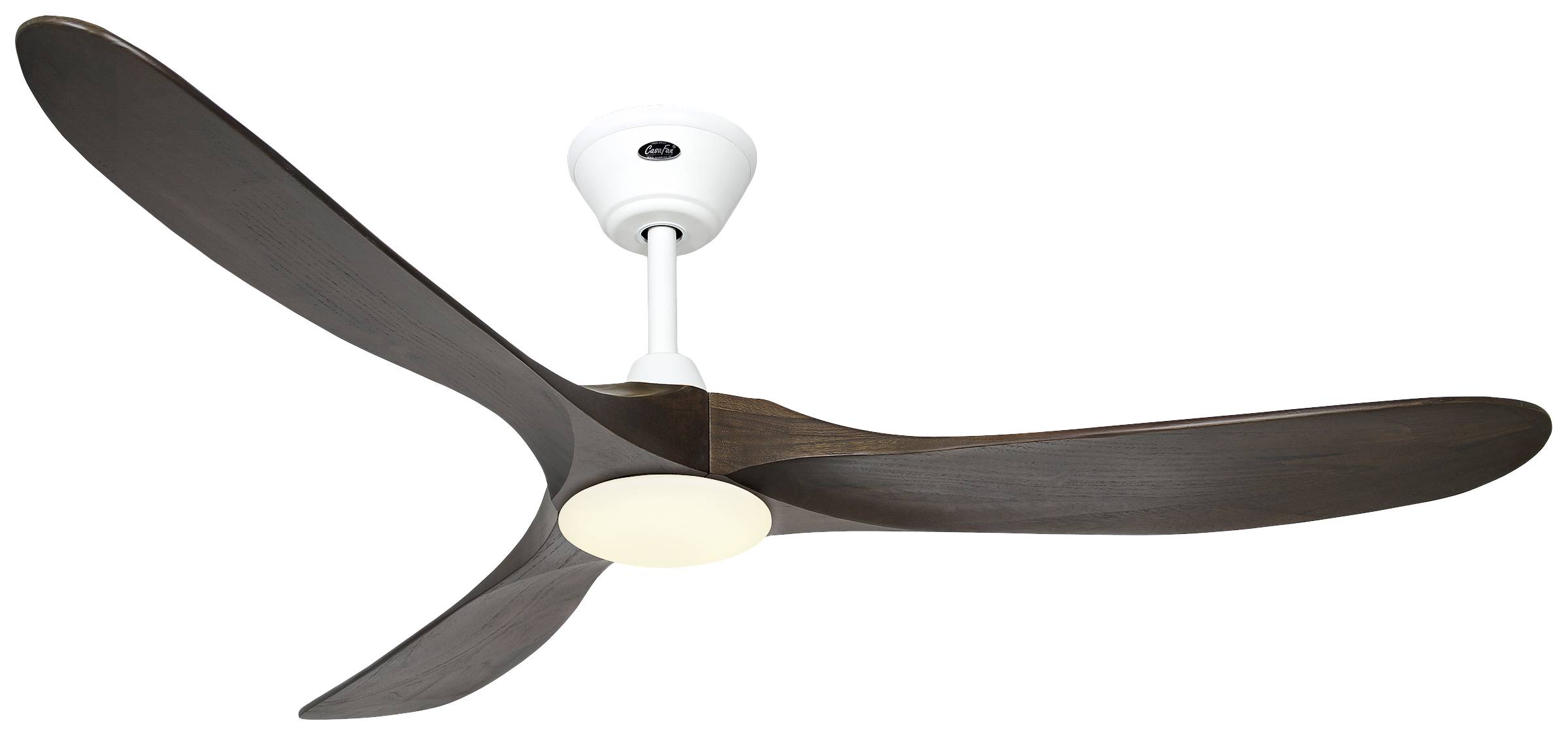 Deckenventilator mit drei dunklen Holzflügeln und weißem Gehäuse.