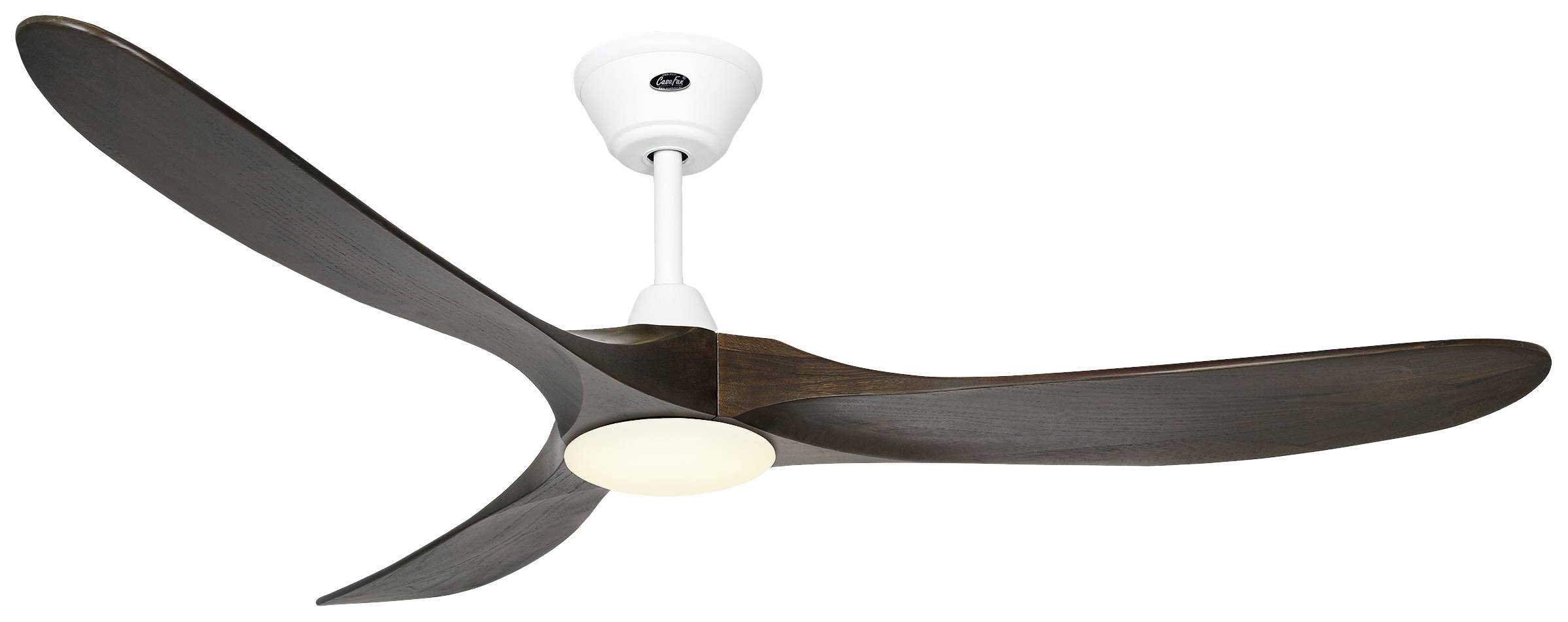 Ein moderner Deckenventilator mit drei eleganten, dunkelbraunen Holzflügeln und weißem Gehäuse.