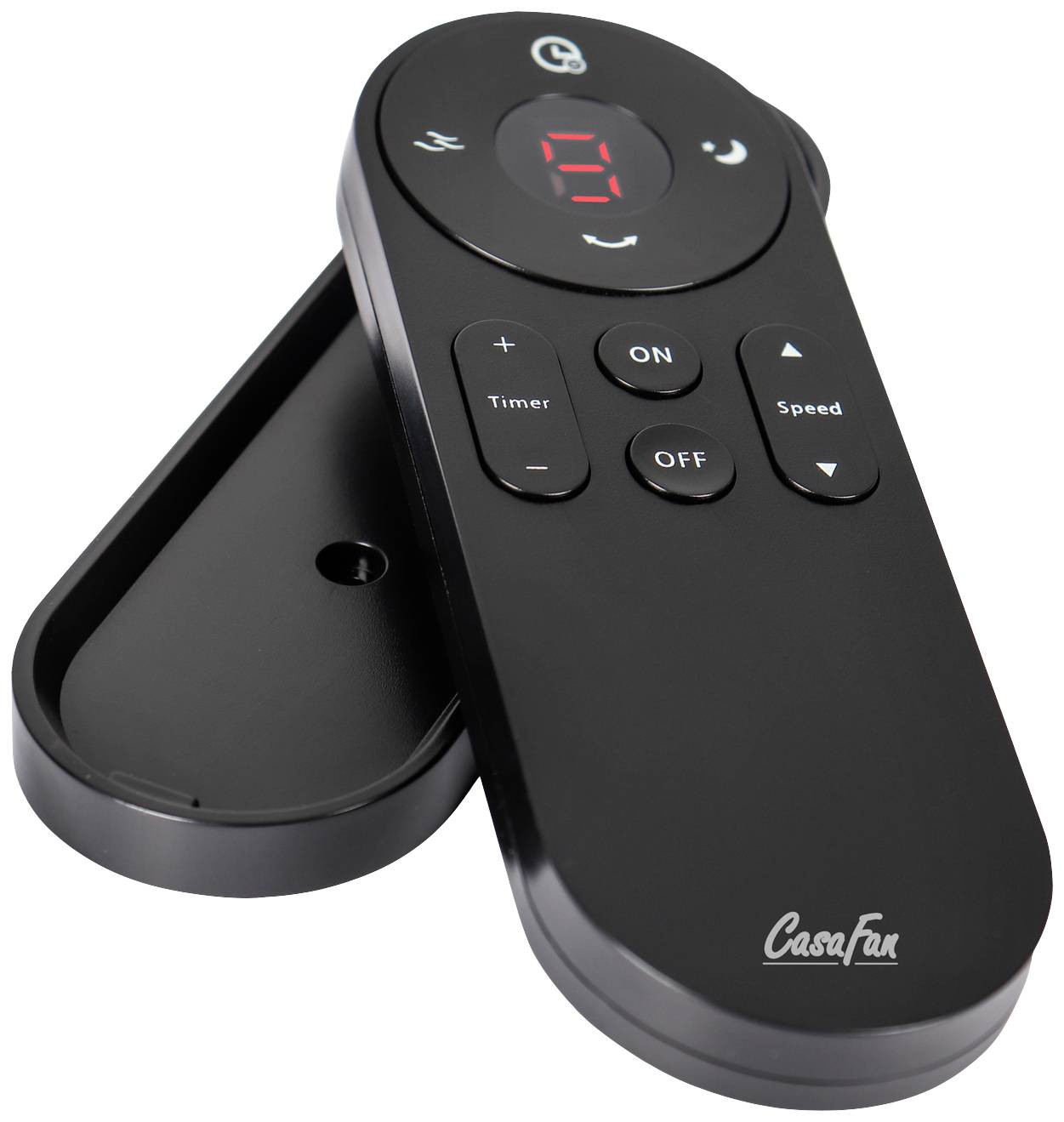 Schwarze Fernbedienung mit digitaler Anzeige und Tasten für 'Timer', 'ON', 'OFF' und 'Speed'. Markenlogo unten.