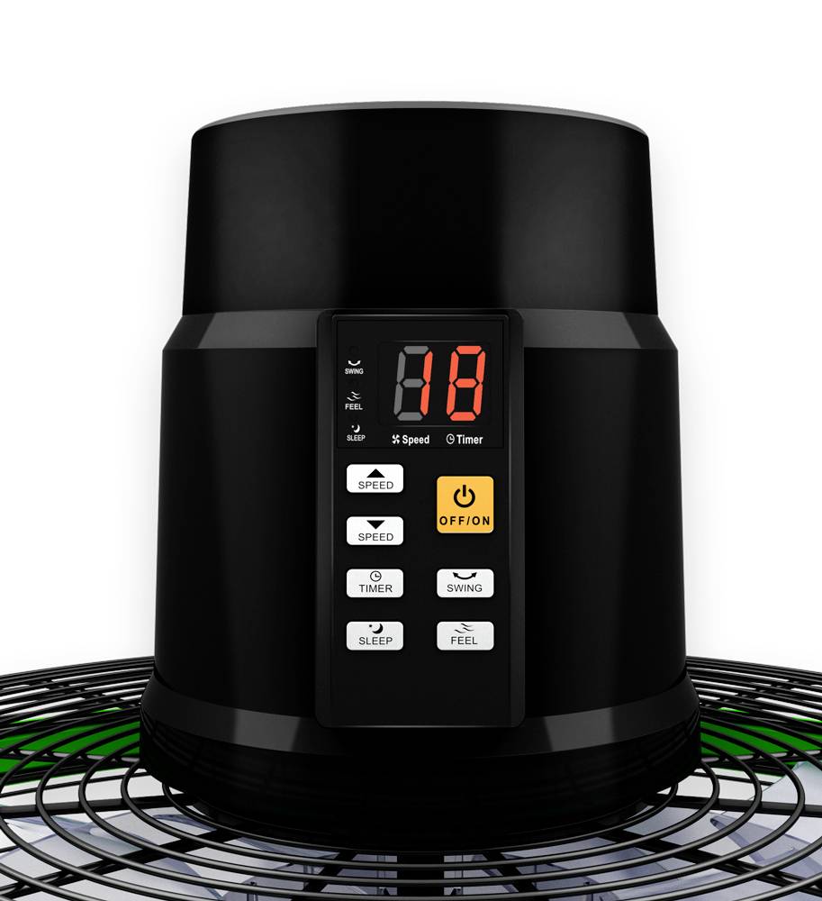 Schwarzer Heizlüfter mit digitaler Anzeige und Bedientasten, darunter 'Speed', 'Timer' und 'On/Off'; steht auf einem Metallgitter.