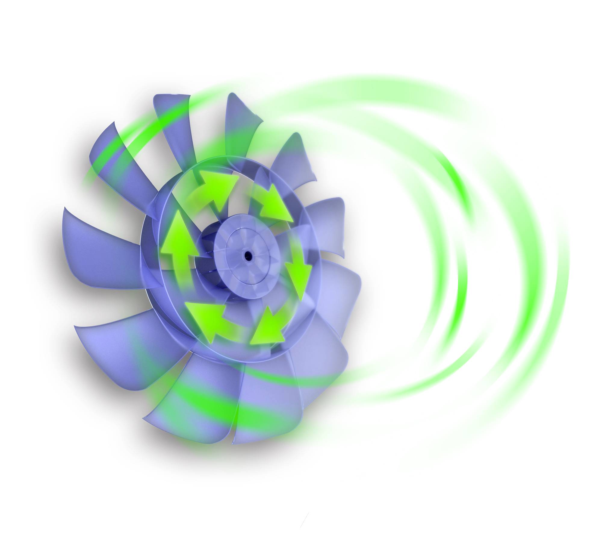 Ein blauer Ventilator mit grünen Pfeilen dreht sich nach rechts, symbolisiert Luftstrom und Bewegung.