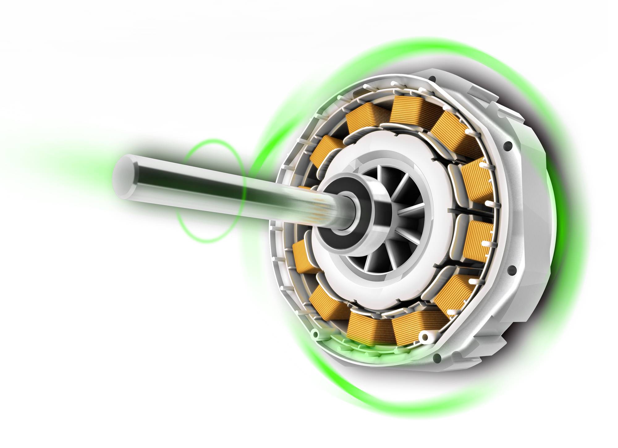 Elektromotor mit sichtbaren Kupferspulen und Rotor. Der Motor ist von grünem Licht umgeben, was Bewegung oder Energiefluss symbolisiert.