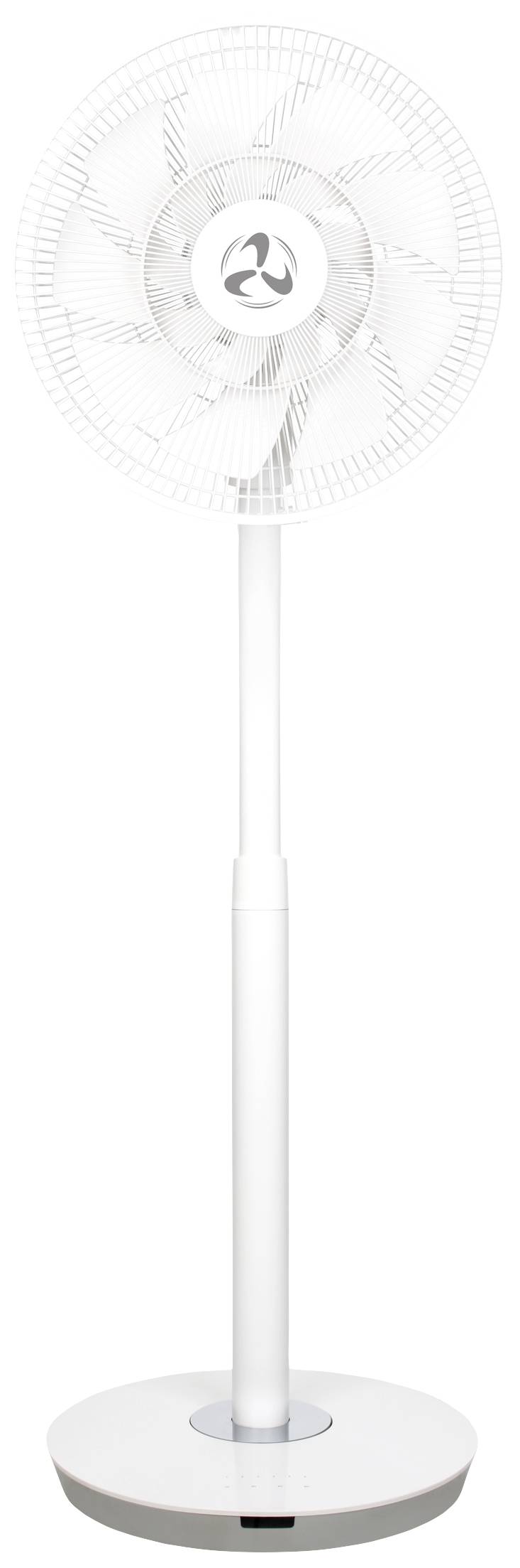 Ein weißer Standventilator mit runder Basis und verstellbarem Ständer in einem minimalistischen Design.